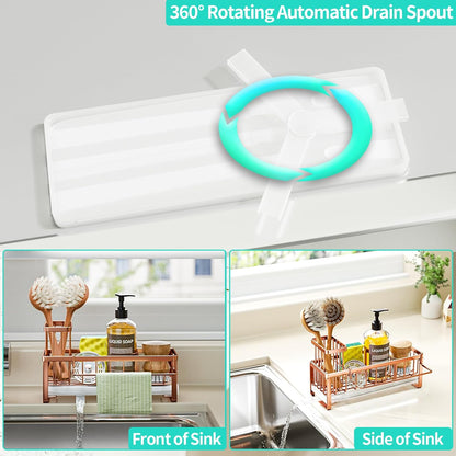 HapiRm Sponge Holder for Kitchen Sink - Self-draining Sink Caddy with Brush and Dishcloth Holders, Stainless Steel Kitchen Organizer for Countertop - Rose Gold