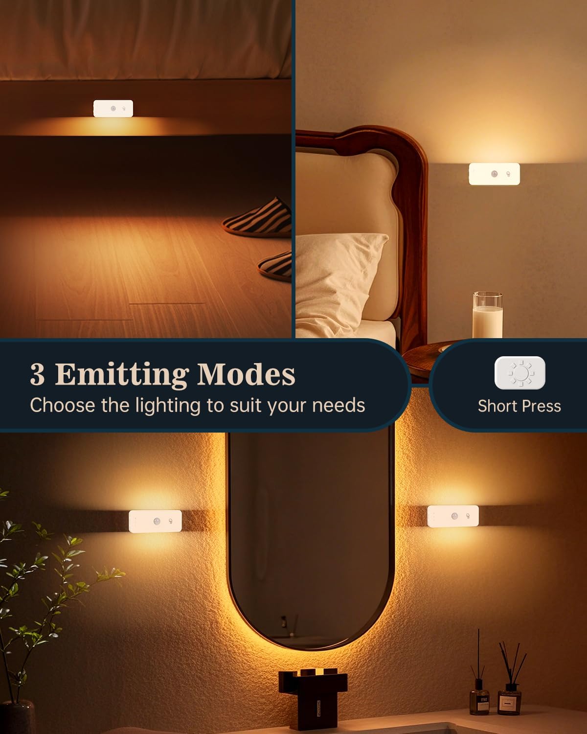Yiliaw Motion Sensor Night Lights Indoor - Rechargeable Stick-On Stair Lights with Wireless Magnetic Mount, Adjustable Brightness & 3 Color Temps for Hallway, Stairway, Bathroom, Closet (2-Pack)