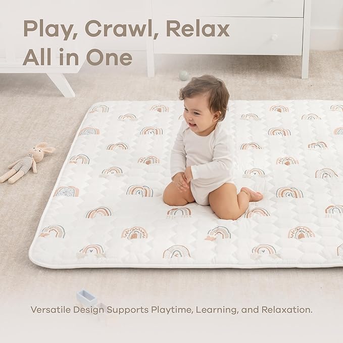 Comfy Cubs Rectangle Kids Play Mat - Medium 48 x 72 inches Soft Quilted Baby Floor Mat with Non-Slip Bottom - Plush Design for Toddlers Playtime and Relaxation - Comfortable and Durable - Rainbow
