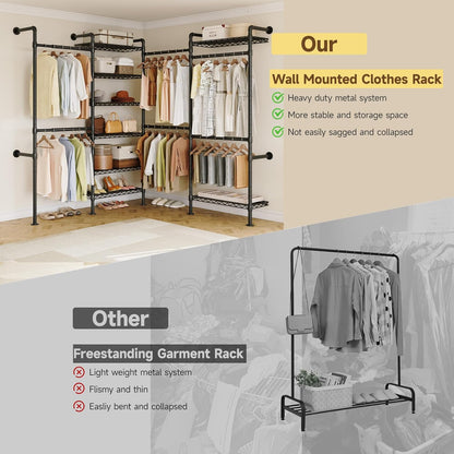 ONBRILL L4 Wall Mounted Industrial Pipe Clothing Rack, Closet Organizer System with 6 Hanging Clothes Rods ( 4 Expandable Rods) & 8 Shelves, Heavy Duty Corner Garment Rack, Large Wardrobe - Black