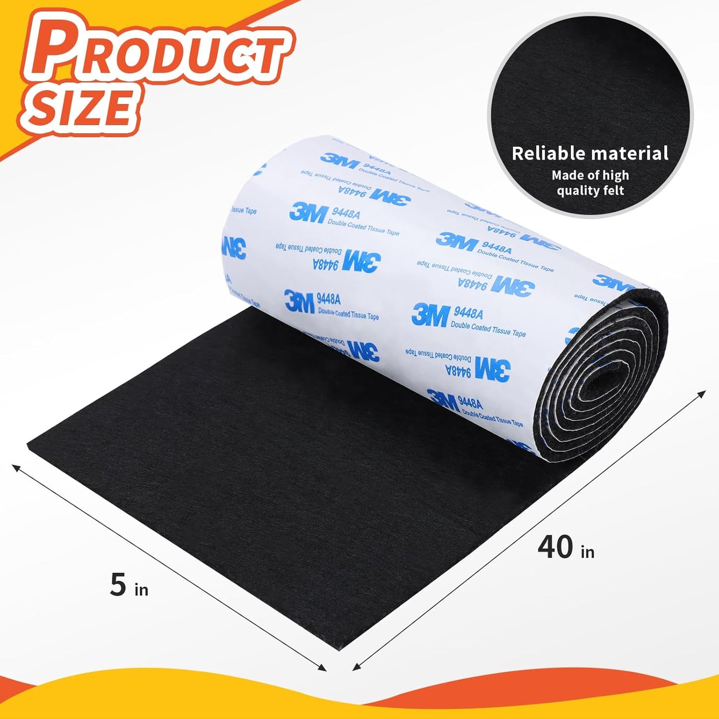 Felt Furniture Pads, Non Slip Self Adhesive Cuttable Felt Tape Black Heavy Duty Felts Strip Roll for Protecting Hardwood Floors Chair Wall Protector (40 x 5 x 0.12 Inch, 2 Pack)