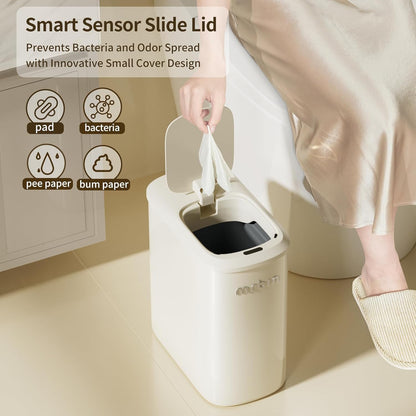 MRBIN Motion Sensor Bathroom Metal Trash Can with Lid and Wheels, 10L/2.6gal Automatic Removable Slim Electric Narrow Waste Basket for Near Desk Office, Bedroom, Kitchen, Rv, White
