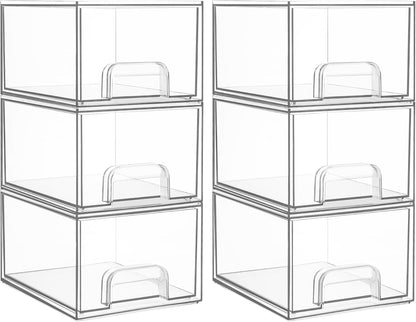 Vtopmart 6 Pack Clear Stackable Storage Drawers, 4.4'' Tall Acrylic Bathroom Makeup Organizer,Plastic Storage Bins For Vanity, Undersink, Kitchen Cabinets, Pantry, Home Organization and Storage