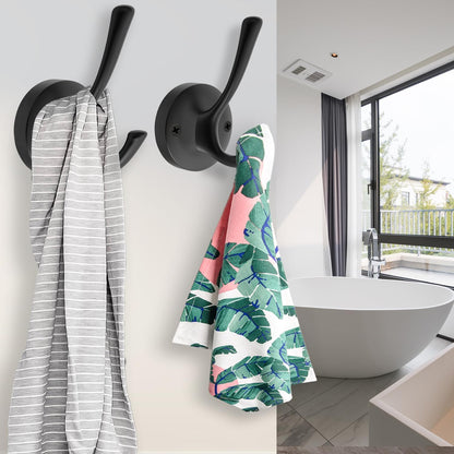 Black Towel Hooks for Wall, 5 Pack Coat Robe Hook Heavy Duty Metal Double Bath Hook Wall Mounted, Hat Hooks for Cubicle Bathroom Kitchen Closet Garage