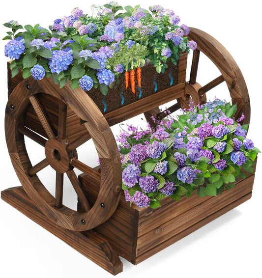 Wooden Wagon Planter Box, Garden Planter with Wheels,Decorative Planter for Flowers Herbs Vegetables for Indoor & Outdoor Décor, Flower Cart for Patio Garden Balcony