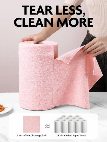 Fantasticlean Microfiber Cleaning Cloth Roll -90 Pack, Tear Away Microfiber Towels, 12" x 12", Reusable, Washable, Scratch Free, Ultra Absorbent Dish Rags for Car, Home, Garage or Shop (Pink)