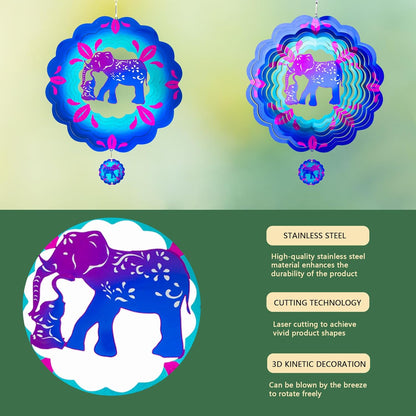 12 inch Elephant 3D Stainless Steel Wind Spinners, Hanging Garden Spinner Kinetic Art Garden Decorations, Reflective Wind Sculpture for Indoor/Outdoor Decor