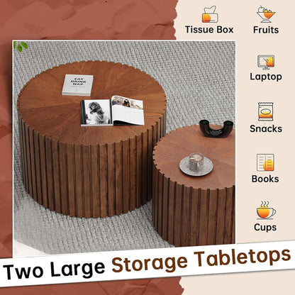 Round Nesting Coffee Table Set of 2 Modern Round Walnut Coffee Table Small Circular End Table Side Table Coffee Tables Circle Nested Coffee Tables for Living Room (Brown Small)