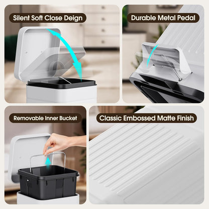 CEROELDA Small Trash Can with Lid-5L/1.3 Gal, Stainless Steel Outdoor Dog Poop Garbage Can-Farmhouse Retro Metal Waste Bin w/Step Pedal for Bathroom Bedroom Office-Soft Close-White