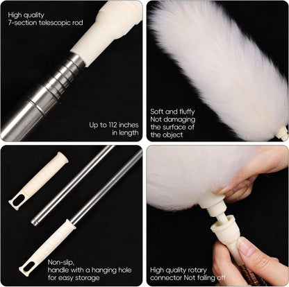 Extendable Lambswool Duster 29-110 Inch,Anti-Static Flexible Head, Stainless Steel Pole for Cleaning High Ceiling,Fan,Furniture,Roof Dusting