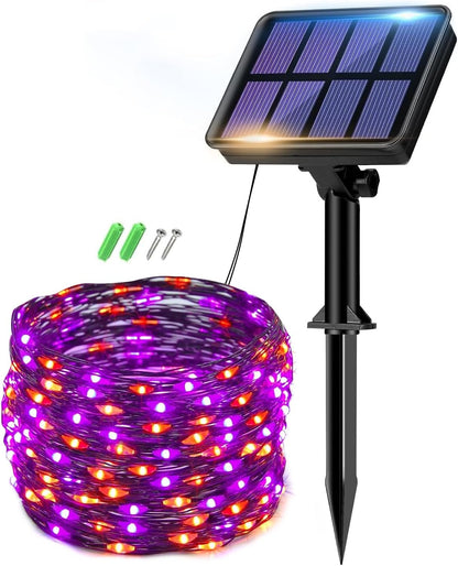 btfarm Solar Halloween String Lights Outdoor, 80LED 33FT Orange Purple Solar Fairy Lights Outside Waterproof, 8 Modes Solar Powered Twinkle Lights for Tree Garden Patio Halloween Party Decorations