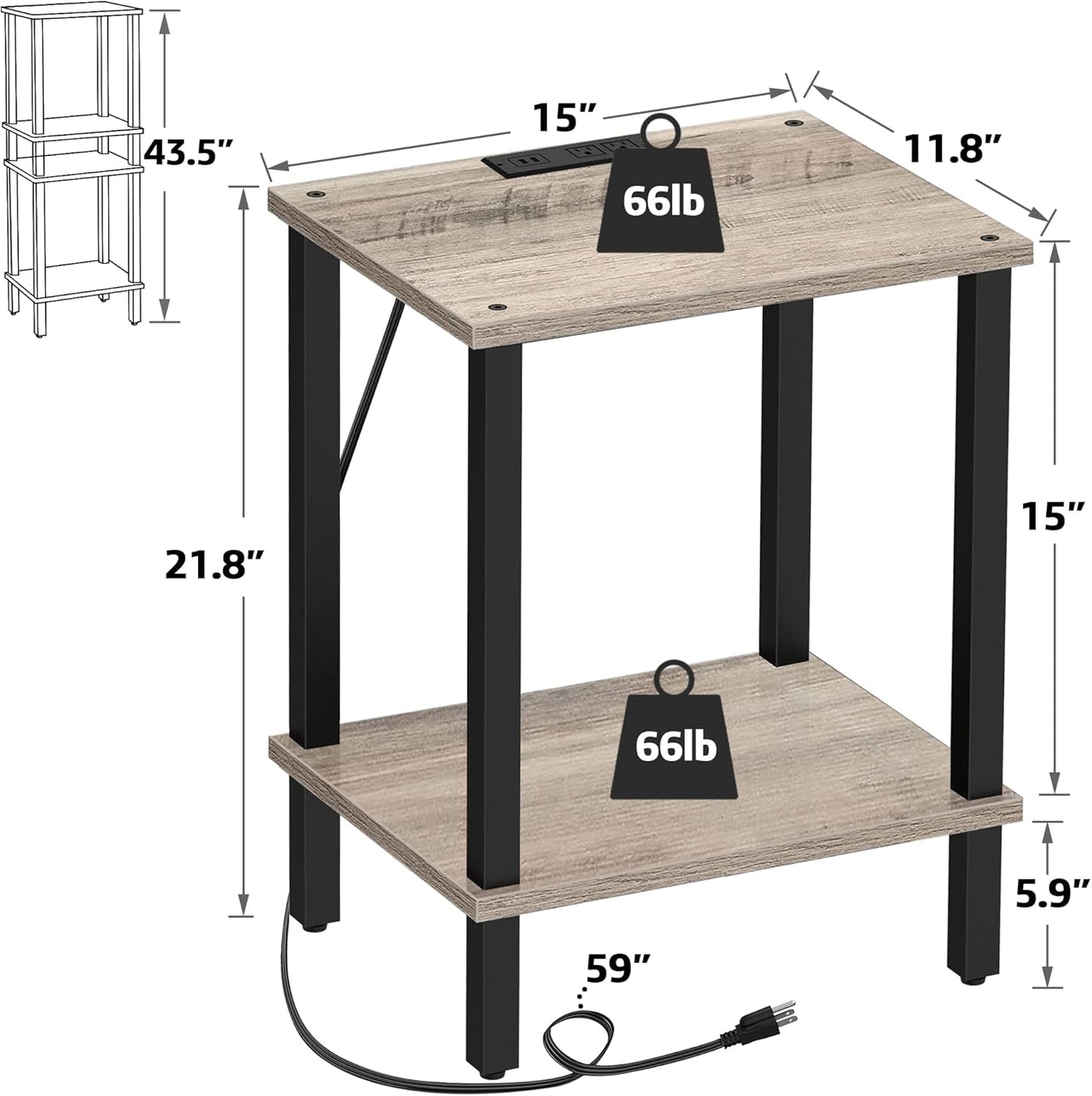 TUTOTAK End Table with Charging Station, Set of 2, Small Side Table, Nightstand Bedside Table, 2-Tier Storage Shelf for Small Space, Living Room, Bedroom Greige V1TB01BG041