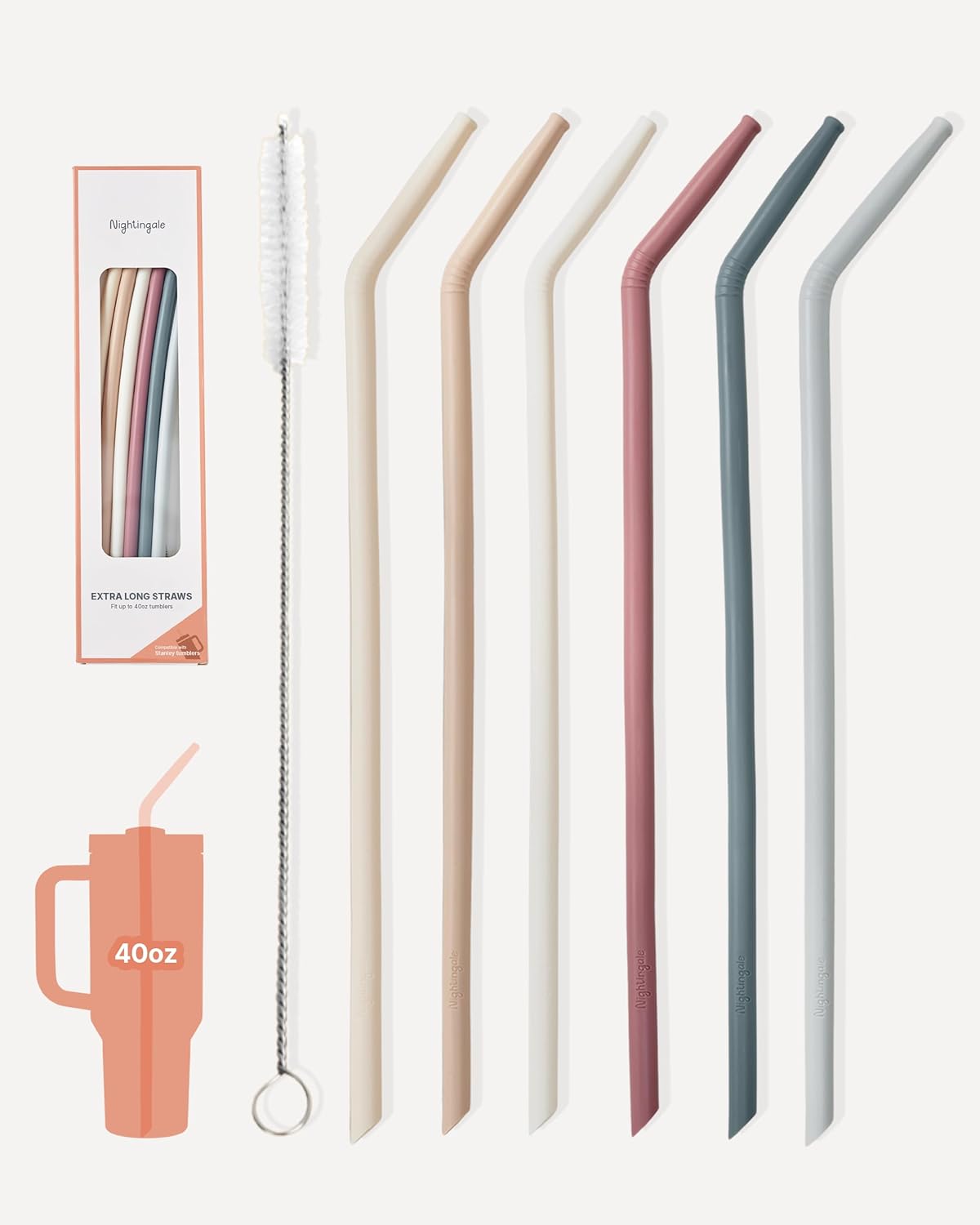 Nightingale 14” Silicone Tumbler Straws - Compatible with Stanley 40 oz cup - Reusable Flexible Long Bendy Drinking Straw with Cleaning Brush for Tall Tumblers - Food-Safe - Set of 6 Oak