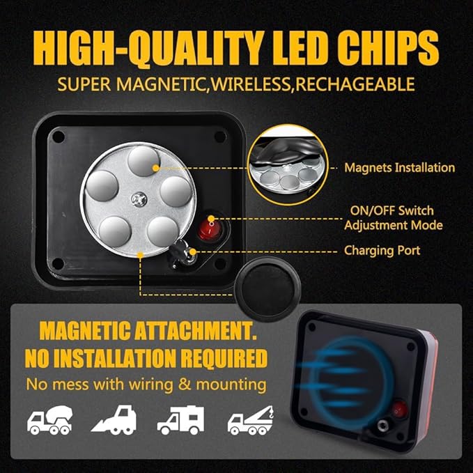 2PCS Magnetic Trailer Lights, Red Beacon Wireless Magnetic Strobe Lights Rechargeable Emergency Warning Lights Portable Surface Mount Strobe Lights for 12V 24V Trucks Car Trailer Vehicles Van