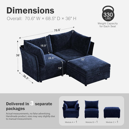 Luxury Modular Sectional Sofa, L-Shaped 3-Seat Couch with Storage Ottoman Deep Seat & Reversible Chaise Lounge Chenille Blue for Compact Spaces, Apartments, Dorm