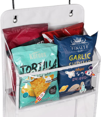 Univivi 5-Shelf Fabric Door Storage Over Door Hanging Organizer with 5 Clear Plastic Pockets & 2 Big Metal Hooks Nursery Closet Cabinet Wall Mount Hanging Storage Organizers for Baby Nursery