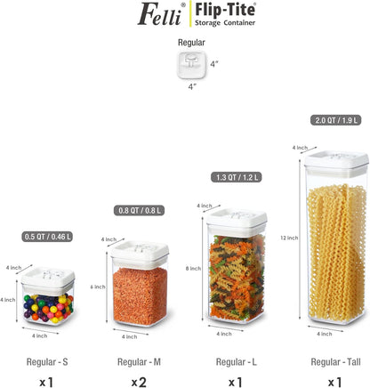 Felli Flip Tite Storage Container with Lid 4" Airtight Ring Seal Top, Stackable Acrylic Canister Jar Set for Kitchen Pantry Organizer, Food Spice Pasta Cereal Snack, Gifts for Women (5pk, Variety)