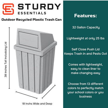 32 Gallon Square Slatted 100% Recycled Plastic Heavy-Duty Commercial Outdoor and Indoor Trash Can with Push Top Lid | Great for Schools and Businesses - Light Granite