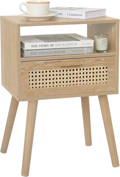 MaxSmeo Rattan Nightstand with Drawer, Mid Century Modern Wood Bedside Table for Living Room, Bedroom and Small Spaces (Rustic Walnut)