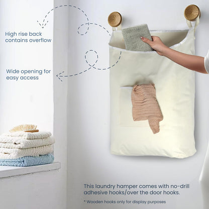 The Fine Living Co. Hanging Laundry Hamper with Over Door Hooks & Adhesive, Durable Space Saving Laundry Bag with Zipper and Wide Open Top, Hanging Dorm Laundry Hamper 18"x4.75"x28" (Beige-L)