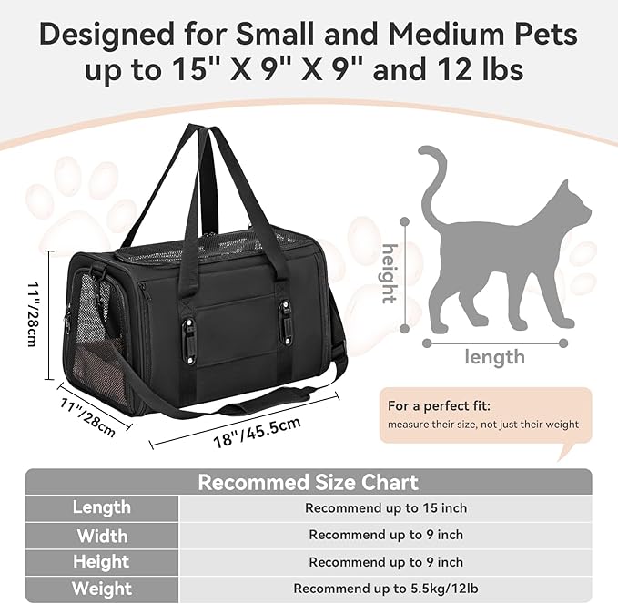 PETSFIT Cat Car Carrier for Small/Medium Cats Dogs, 18"x11"x11" Airline Approved Cat Carrier, with Patent Safety Buckles and Escape-Proof Zipper - Safeguarding Car Travel, Airplane, Vet, Outdoor