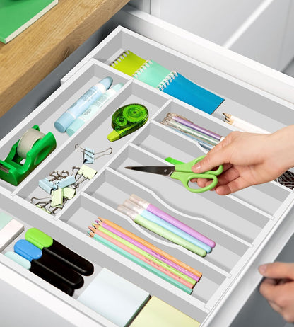 ROYAL CRAFT WOOD Luxury Bamboo Kitchen Drawer Organizer - Silverware Organizer - Utensil Holder and Cutlery Tray with Grooved Drawer Dividers for Flatware and Kitchen Utensils (9 Slot, White)