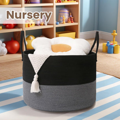 Woven Blanket Basket,65L Large Rope Storage Bin with Handles, Organizer for Blankets Toys Book and Clothes, Laundry Basket for Living Room Bedroom Nursery,Black&Grey