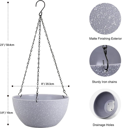8 inch Small Hanging Planters for Indoor Outdoor Plants, 2 Pack Hanging Flower Pots with Drainage Holes and Chain for Garden Porch, Plastic Hanging Baskets for House Plants, Speckled Grey