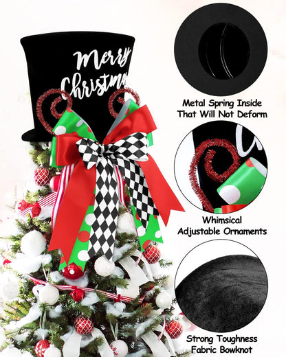 Merry Christmas Tree Topper Whimsical Top Hat with Check Bows Xmas Tree Ornament Winter Holidays Home Decoration Wreath Attachment Festive Gift Ideas Supplies