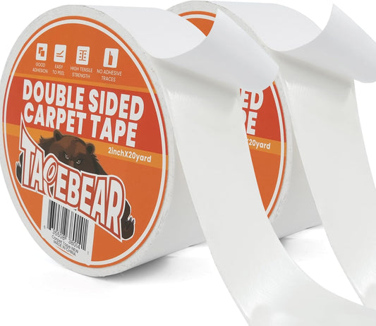 TAPEBEAR Double Sided Carpet Tape 2Inch x 20Yards x 2Rolls, Heavy Duty Rug Tape Residue-Free Carpet Gripper for Area Rugs, Wood, Floor, Multipurpose Gripper Non Slip Tape, White