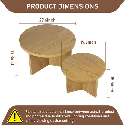 Round Nesting Coffee Tables Set of 2, Modern Stacking Table with Wood Grain Finish, End Table Side Tables for Living Room (Natural Oak)