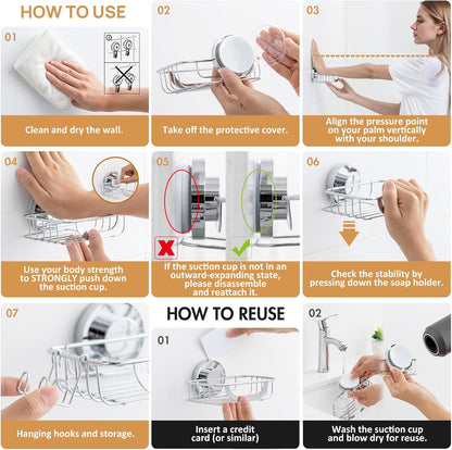 LEVERLOC Bar Soap Holder Dish with Hooks, Soap Tray Suction Cup Wall Mounted for Shower, Stainless Steel Sponge Holder Caddy for Bathroom Kitchen Sink Organizer, Rustproof, Silver