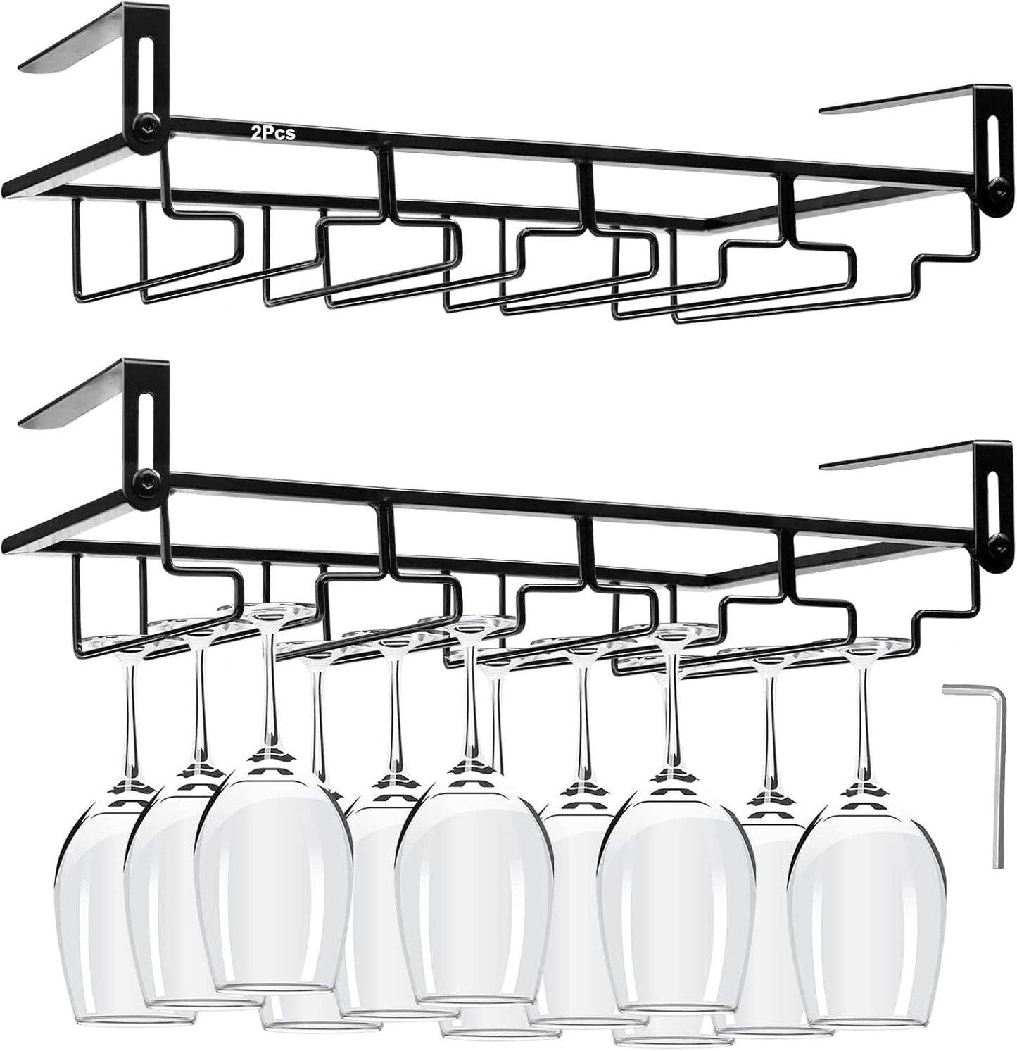 AUHOKY 2Pcs Adjustable Under Cabinet Stemware Metal Glass Holder, Hanging Wine Glass Storage Hanger Organizer for Shelf Kitchen Bar Decor(4 Rows, Black)