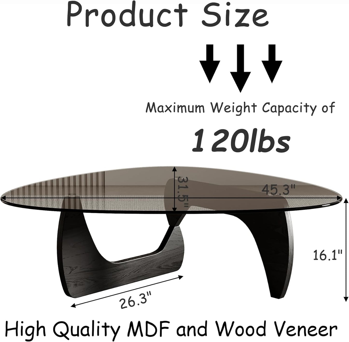 Honyee Morden Coffee Table, 42.5" x 28.5" x 16.1" Triangle Tempered Glass Top for Living Room, Color: Black