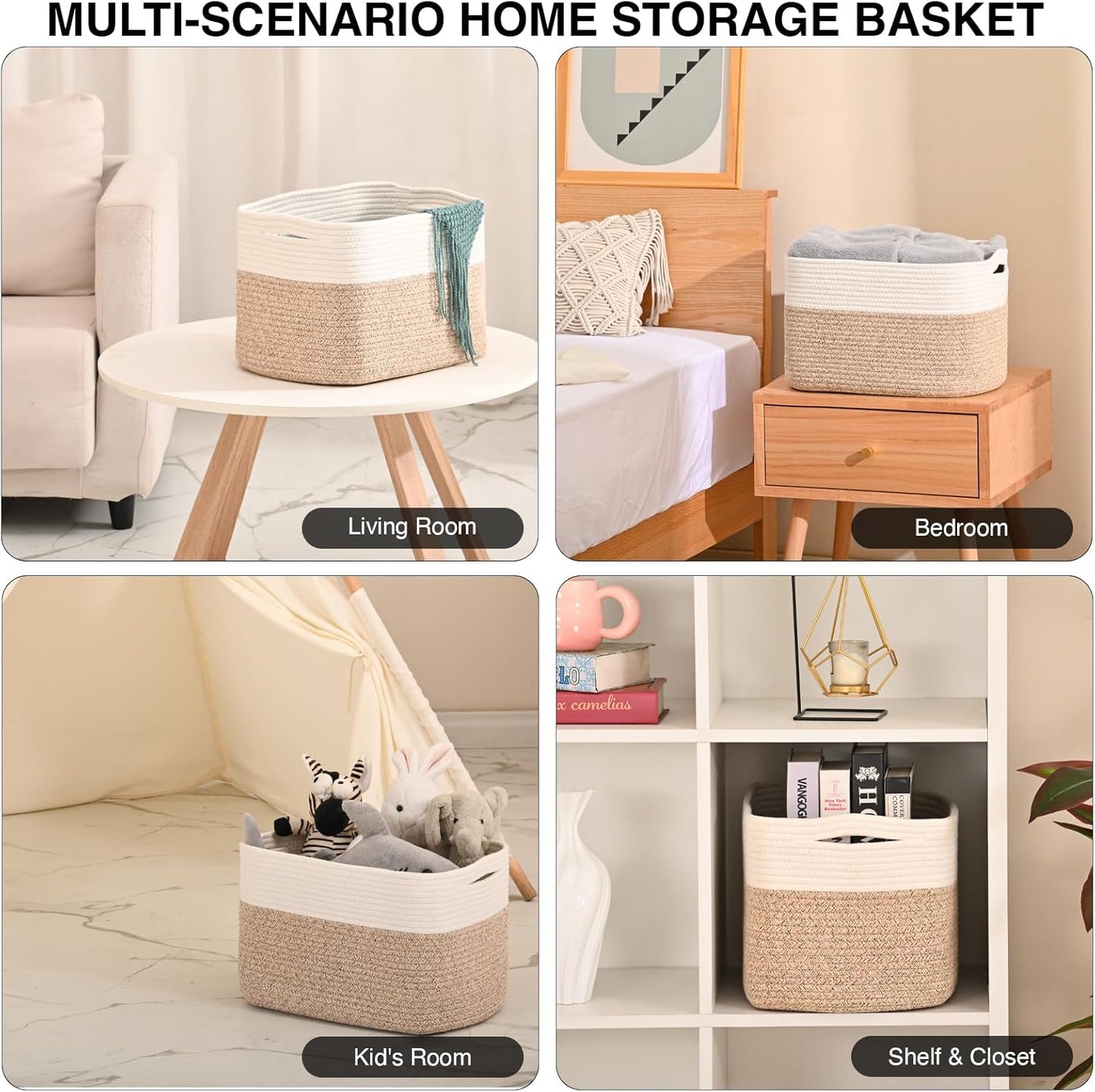 Woven Cotton Rope Storage Basket for Organizing, Cute Decorative Baskets for Gifts Empty, Organizer Bins for Dog Toy, Baby Laundry, 15“×11”×9.5“, Off White & Brown