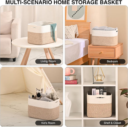 Woven Cotton Rope Storage Basket for Organizing, Cute Decorative Baskets for Gifts Empty, Organizer Bins for Dog Toy, Baby Laundry, 15“×11”×9.5“, Off White & Brown