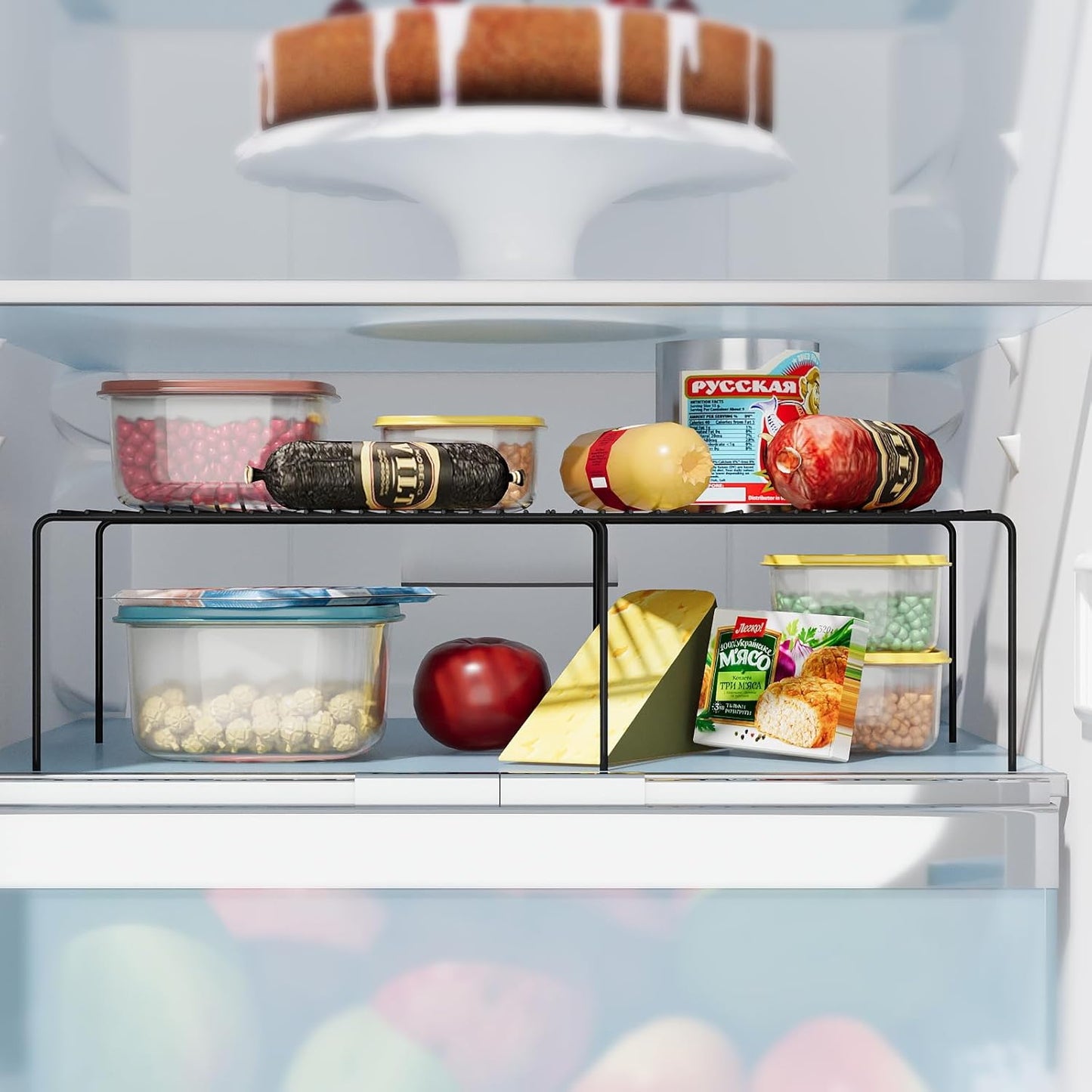 Expandable Storage Shelf, Pantry Organizers and Storage, Adjustable Rustproof Metal Wire Spice Rack, Space Saver Kitchen Storage Shelves for Pan, Pot, Countertop, Drawer, Fridge, Set of 4, Black