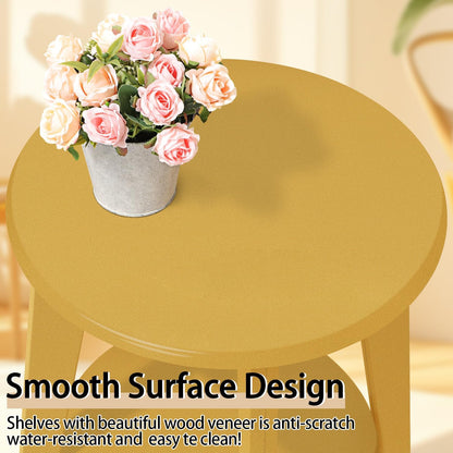 Round Side Table Gold Wooden End Table with Lower Shelf Rustic Vintage Nightstand Beside Table for Living Room Bedroom Small Spaces