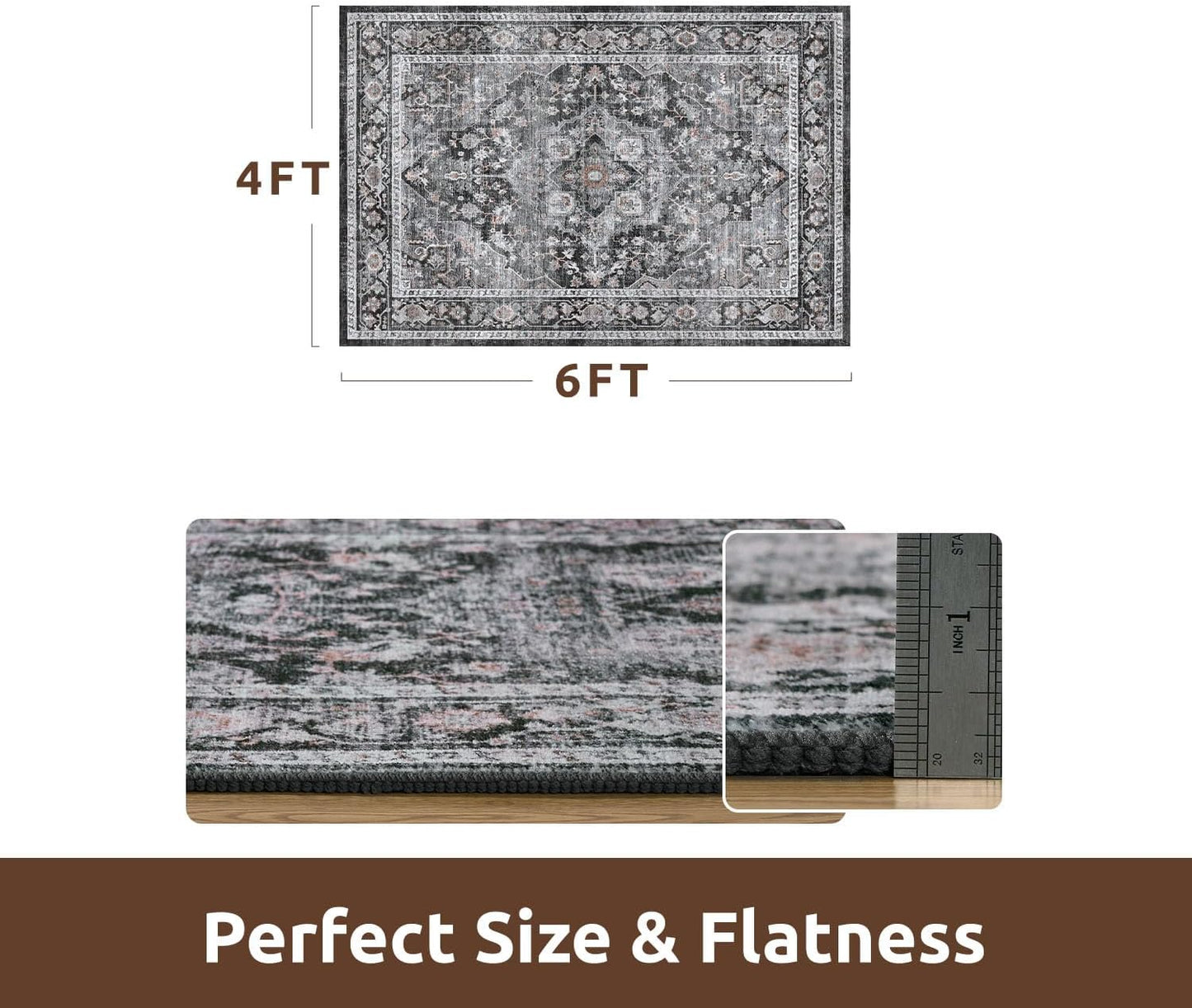 AMOAMI-4X6 Area Rugs for Living Room -Soft Vintage Bedroom Rug-Non Slip Washable Rug-Throw Rugs for Living Room Bedroom Bedside Dining Room Office Dark Grey & Black