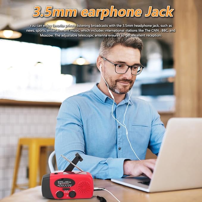 Emergency Radio, NOAA Weather Alert, LED Flashlight, 3 Power Source Emergency Radio Hand Crank, Solar and Battery Powered for Outdoor Emergency Preparedness and Camping