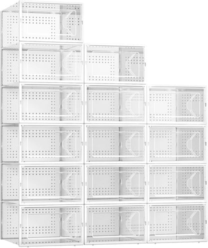 Kuject 15 Pack Shoe Storage Boxes, Large Clear Plastic Stackable Shoe Organizer for Closet, Connect Left and Right Shoe Boxes Case Container Bin for Entryway, Drop Front, Fit for Size 10(White)