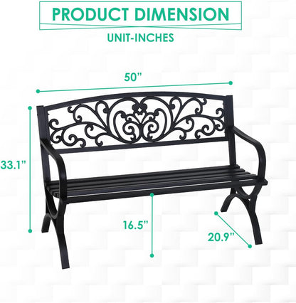 FDW Outdoor 50 Inches Garden Bench, Slatted Seat Armrests Floral Design Backres and Arch Legs, Perfect for Park, Yard, Porch, Lawn, Balcony, Backyard, Black