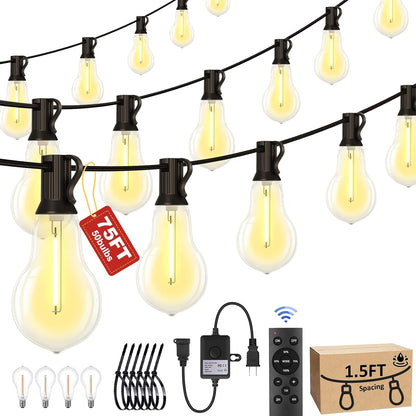75FT Outdoor String Lights Waterproof with 50+4 Bulbs (1.5FT Bulbs Spacing), Remote & Dimmer, Commercial Patio String Lights with 3 Mode Light & Timing, 100PC Mounting Ties for Outside
