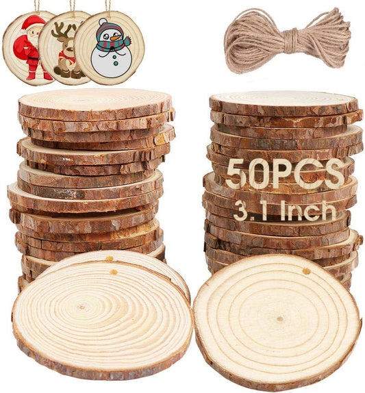 AerWo Natural Wood Slices 50 Pcs 2.7-3.1 Inches Craft Wood Kit Unfinished Predrilled with Hole Wooden Circles Tree Slices for Arts and Crafts Christmas Ornaments DIY Crafts