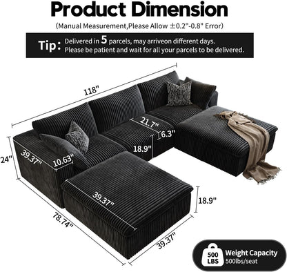 118" Cloud Couch Modular Sectional Sofa for Living Room,Modern Sofa with Deep Seat，U-Shape Boneless Couch with 2 Ottoman,Comfy Upholstered Corduroy Couches for Apartment, Studio, Office,Bedroom，Black