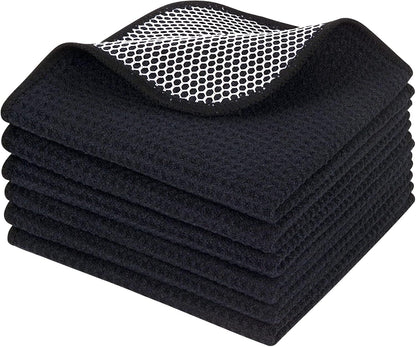 KinHwa Kitchen Washcloths for Dishes Absorbent Microfiber Dish Cloths Quick Dry Dish Rags with Poly Scour Scrub Side Ideal for Kitchen Cleaning (Black-B, 12inchx12inch 6 Pack)