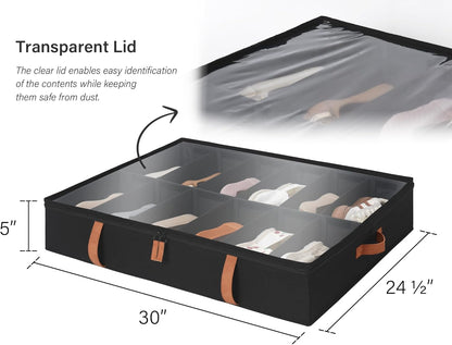 StorageWorks Shoe Organizer Under Bed for Closet, 2-Pack Ultra-thick Fabric Shoe Storage Containers with Bottom Support and Adjustable Dividers, Fits up to 24 Pairs, Black