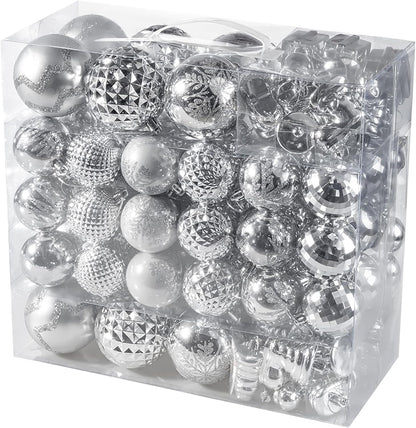 116Pcs Silver Christmas Ball Ornaments Set, Shatterproof Christmas Hanging Decoration Set with Gift Box, Assorted Decorative Baubles Set for Xmas Tree/Home/Wedding/Party/Holiday (Silver)