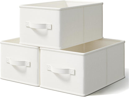 3 Pack Fabric Storage Bins for Shelves | 16.25x12x10in Closet | Collapsible Bins for Organization | Linen Clothes Storage Bins | White & Ivory