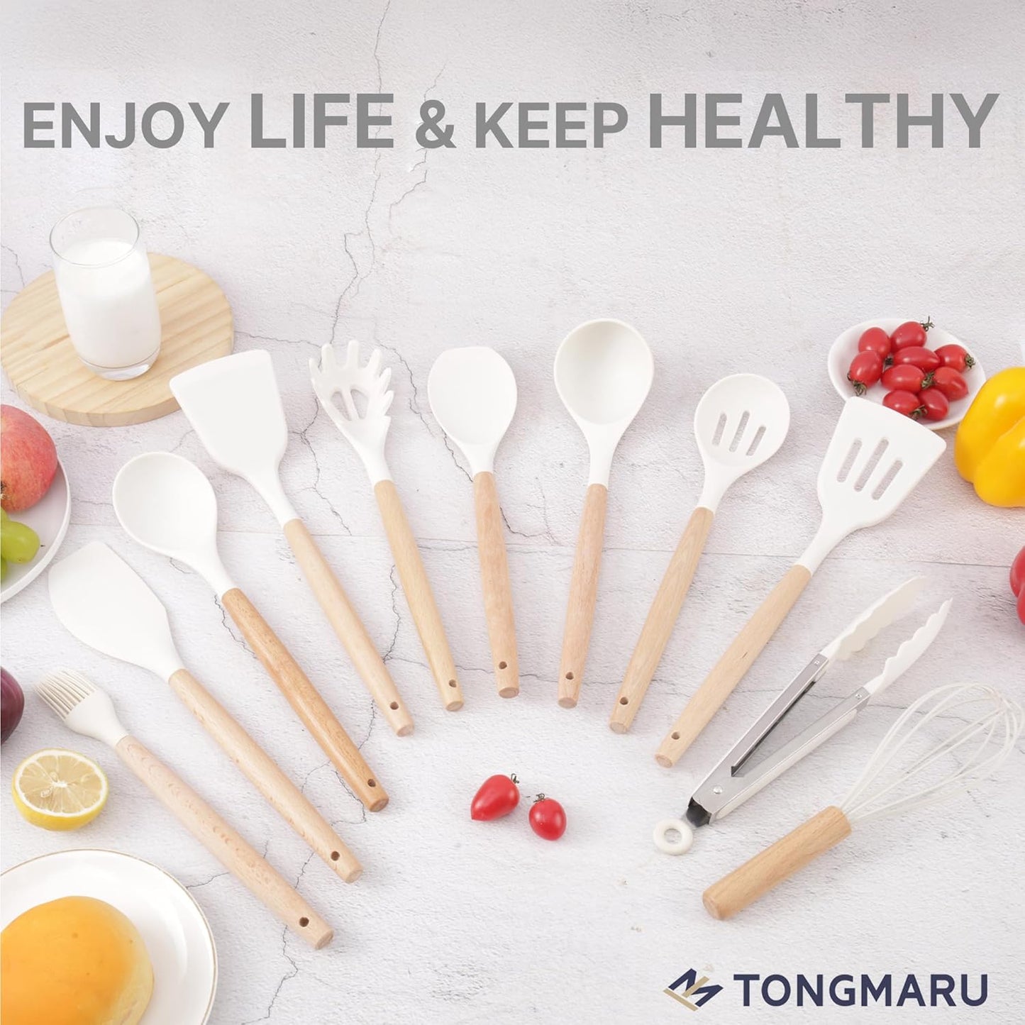 Silicone Cooking Utensils Set, Premium Beech Wood Handle Kitchen Gadgets Utensil Set, Non-Stick Kitchen Utensils Spatula, Tongs, Turner, Whisk, Brush, Spoon, BPA FREE, 446°F Resistant (White)